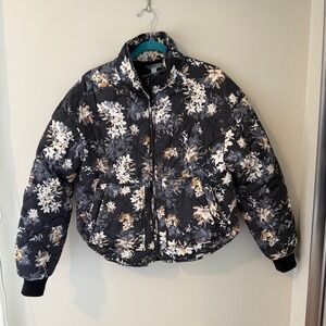 FLX Womens Floral Quilted Puffer Jacket Black White Yellow Full Zip Small